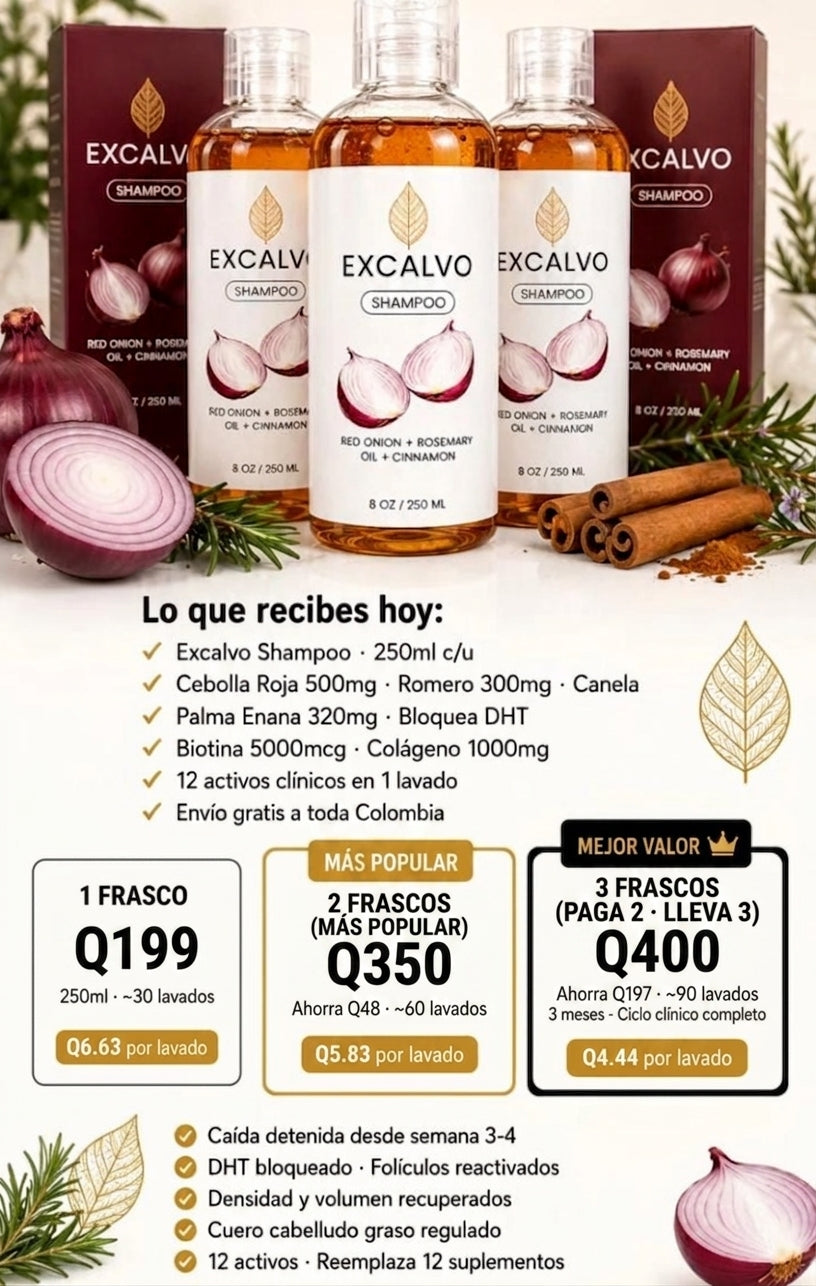 Excalvo™ | El Acelerador Botánico de Crecimiento en Formato de Shampoo Diario.